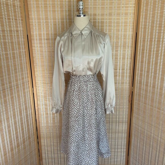 Vintage Circle Skirt Brown Leaf Print Polyester Elastic Waist M - Picture 9 of 9